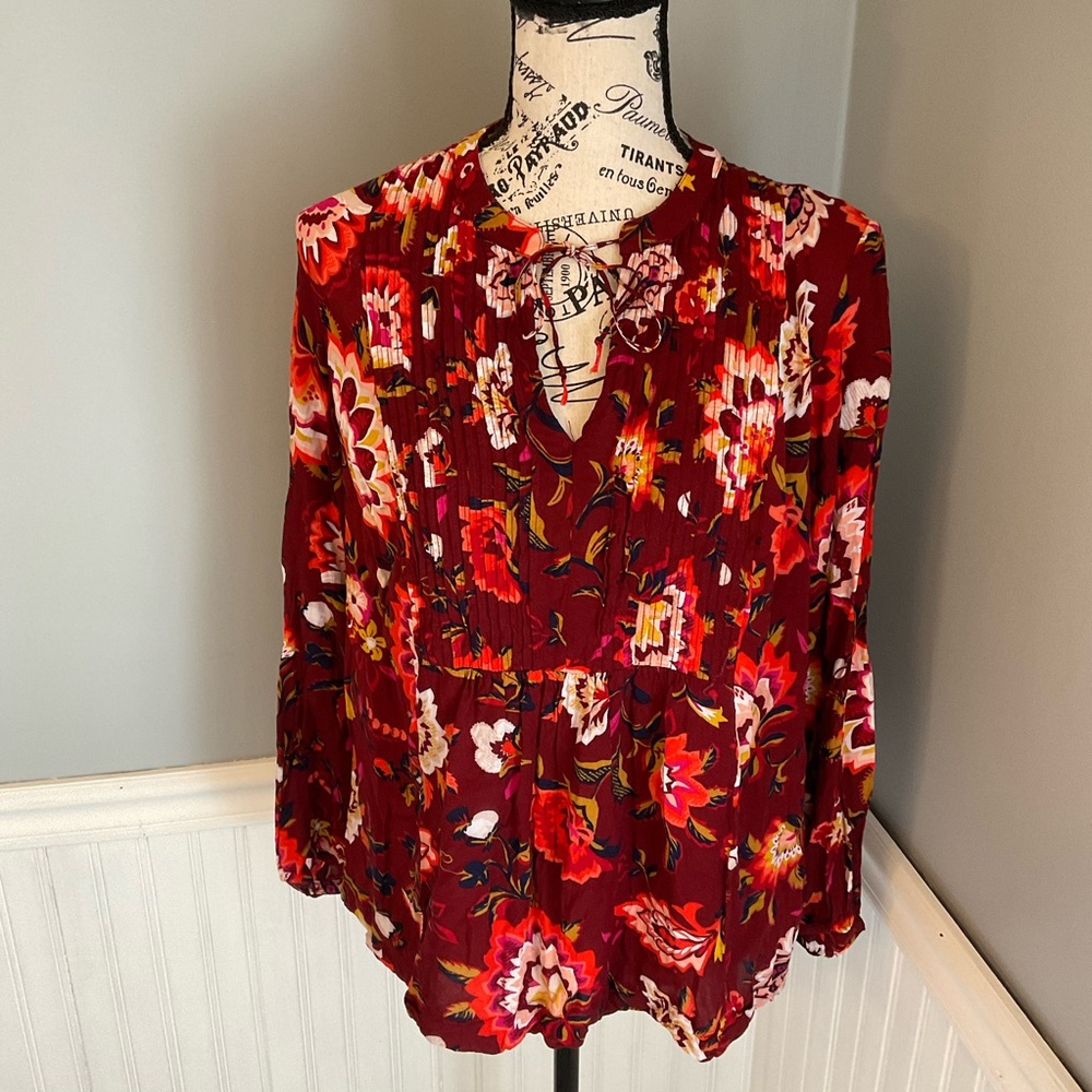 Old Navy Women’s Burnt Orange floral boho peasant tunic blouse size medium